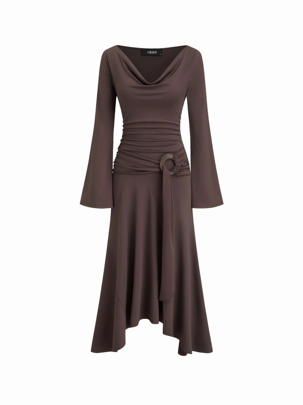 Cider Brown Cowl-Neck Long Sleeve Midi Dress with Waist Tie